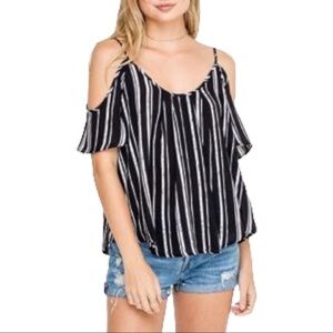Lush Blouse Women XS Black White Striped Cold‎ Shoulder Top